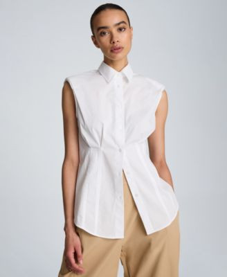 Kenneth Cole Women's Cotton-Blend Pleated Sleeveless Shirt - White | Macy's