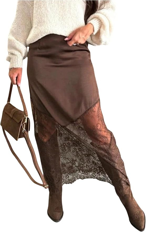 Floerns Women's High Waisted Lace Skirt Western Concert Outfit Party Long Skirts | Amazon (US)