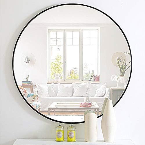 Growsun 42'' Large Wall Metal Frame Round Mirror for Washrooms, Living Rooms, Black Frame | Amazon (US)