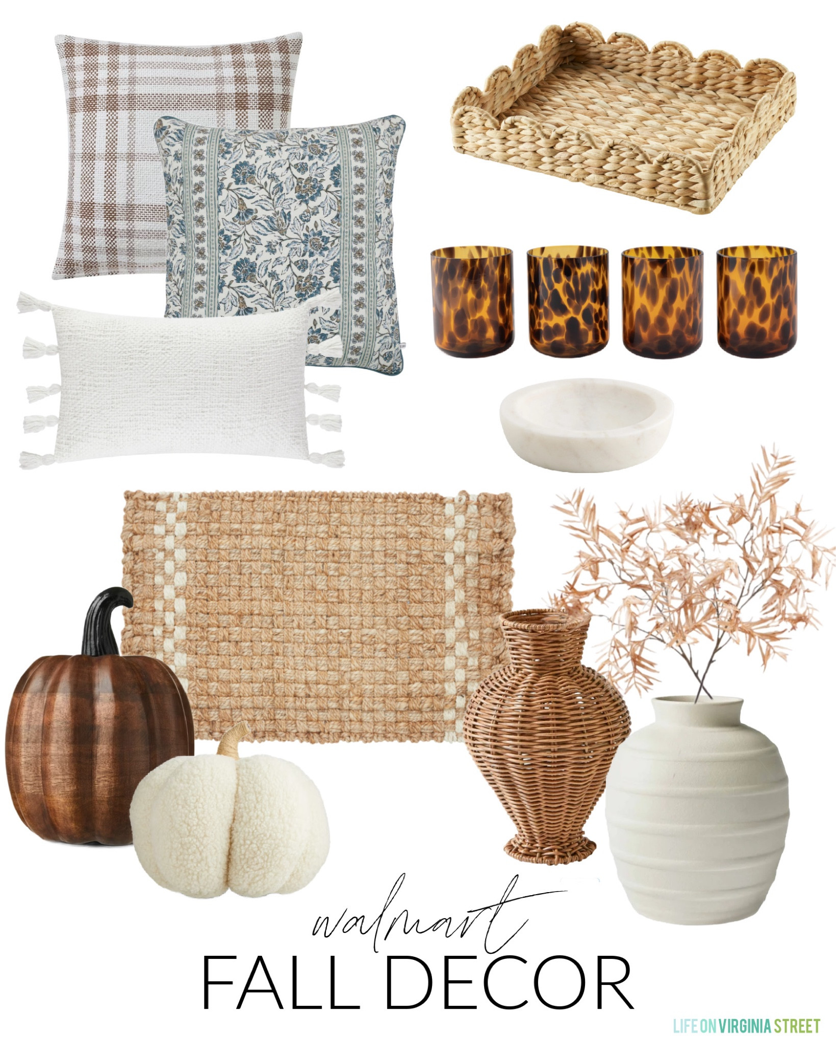 New fall decor arrivals from Walmart! Loving these plaid pillows, reversible floral pillows, tortoise shell drinking glasses, ribbed white vase, wood pumpkin, marble trinket dish, ivory pumpkin pillow, doormat, fall florals, scalloped tray, and more!
.
#ltkhome #ltksalealert #ltkfindsunder50 #ltkfindsunder100 #ltkstyletip #ltkseasonal fall decorating ideas, fall decor, autumn decorating 

#LTKSeasonal #LTKSaleAlert #LTKHome