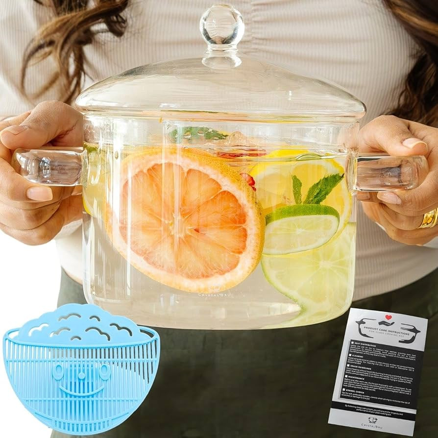 2L Clear Glass Simmer Pot with Lid & Strainer | Heat-Resistant Borosilicate Glass Pot for Pasta, ... | Amazon (US)