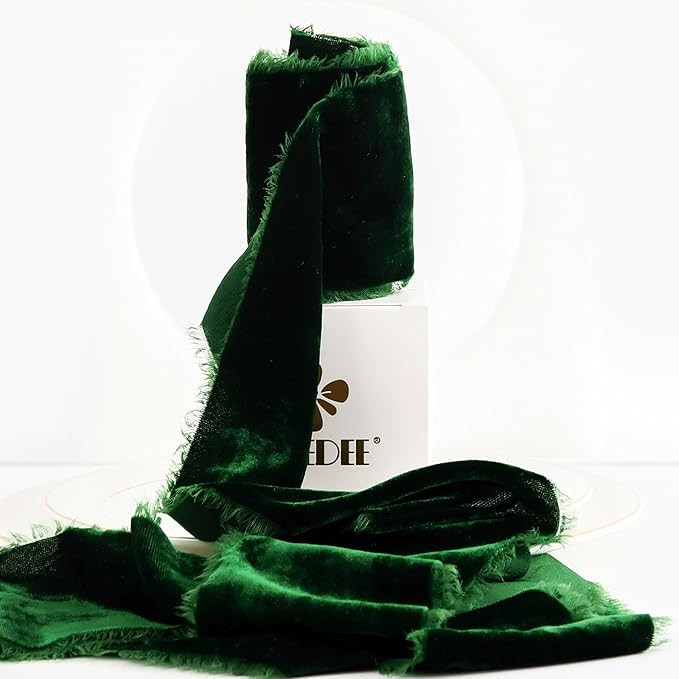 MEEDEE Green 3 Inch Velvet Ribbon Fringe Raw Edge Silk for Wreaths, Flower Bouquet, Dress Sash, B... | Amazon (US)