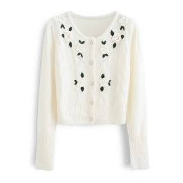 Flower Stitched Buttoned Knit Cardigan in White | Chicwish