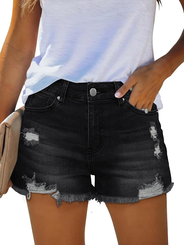 MixShe Womens Mid-High Waisted Ripped Denim Jean Shorts Stretchy Distressed Cutoff Summer Shorts | Amazon (US)