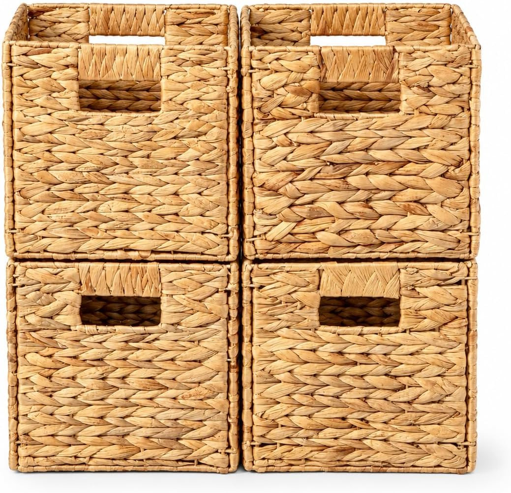 4 Decorative Hand-Woven Water Hyacinth Wicker Storage Basket, 9x9x9 | Amazon (US)