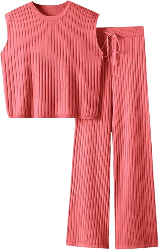 Imily Bela Womens 2 Piece Outfits Sweater Sets Knit Summer Casual Crewneck Sleeveless Tops Wide L... | Amazon (US)