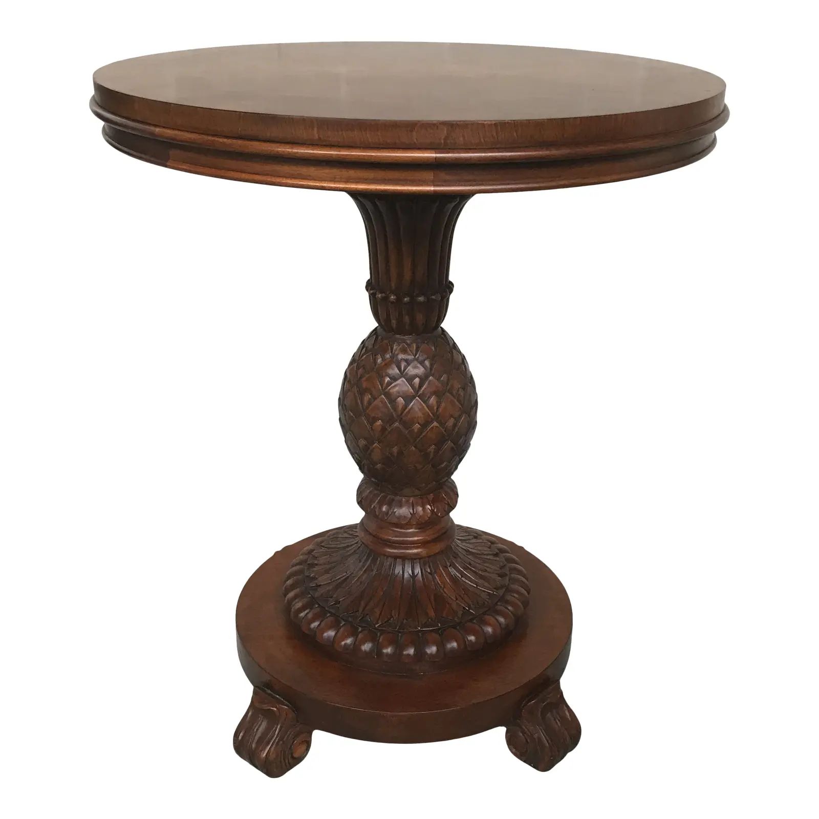 Ethan Allen Round Table With Pineapple Shape Carved Trunk | Chairish