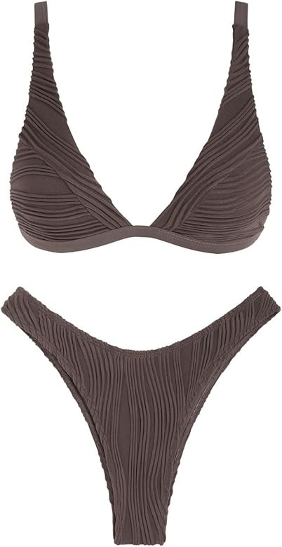 ZAFUL Bikini Sets for Women Triangle Textured Plunging High Cut Cheeky Bikini Swimsuits Two Piece... | Amazon (US)