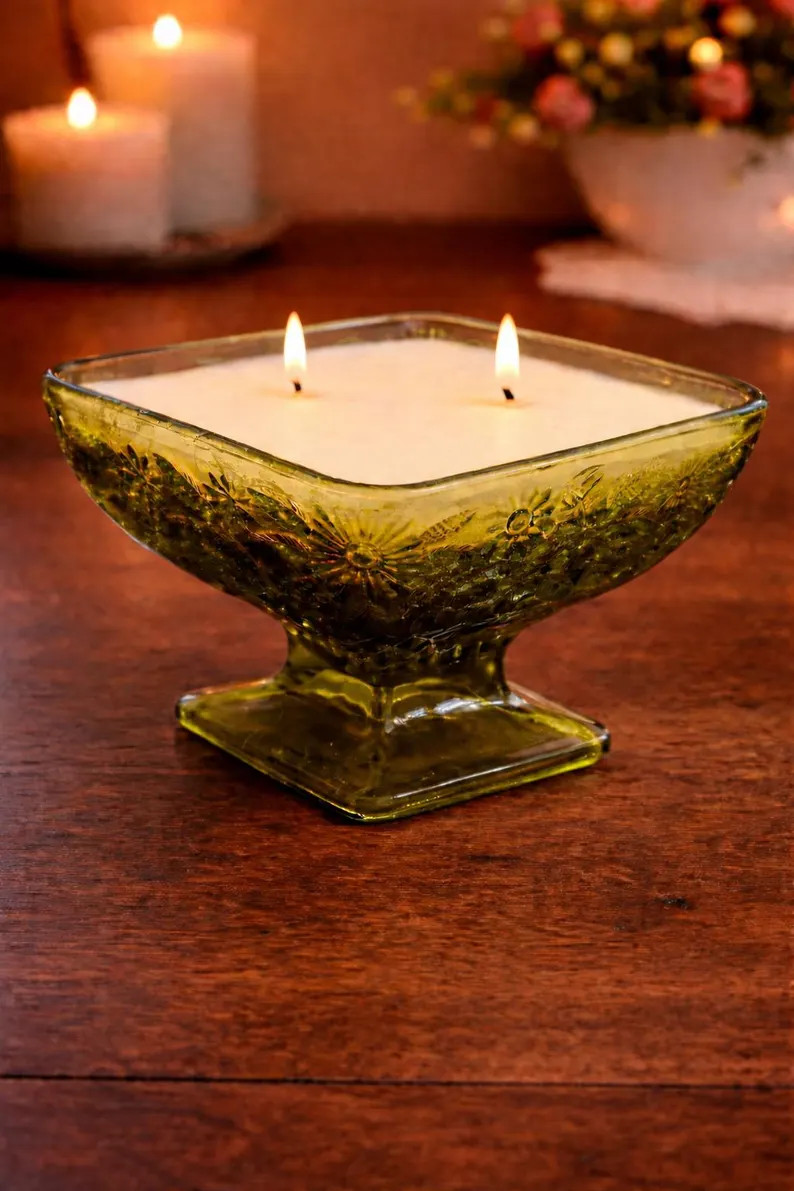 Vintage Amber Glass Bowl Candle – Hand-Poured in Reclaimed Floral Pressed Glass | Etsy (US)