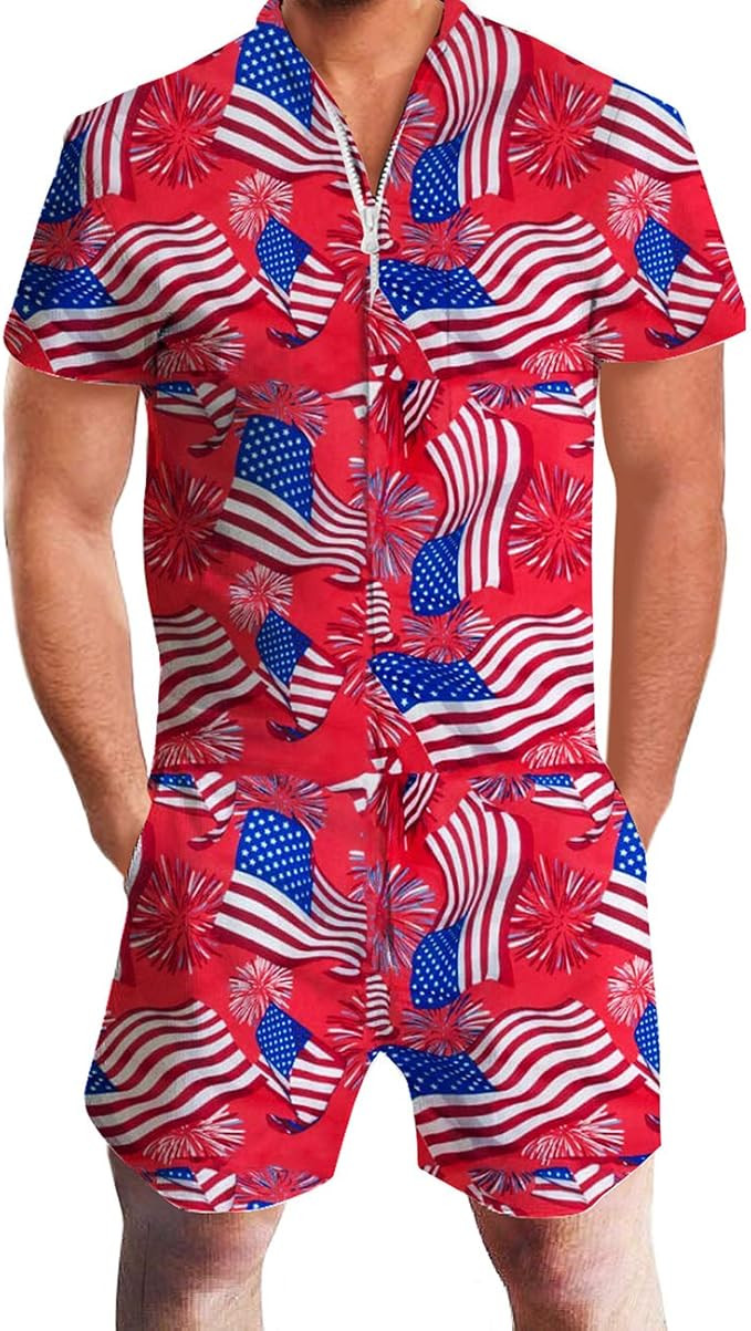 Idgreatim Men Rompers 3D Graphic Casual Shorts Sleeve Zipper Jumpsuit One Piece Overall Outfits | Amazon (US)