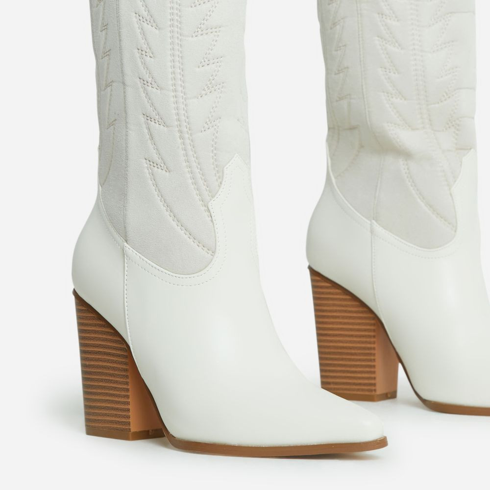 Sin-City Embroidered Faux Suede Detail Pointed Toe Block Heel Western Cowboy Knee High Long Boot ... | EGO (UK)