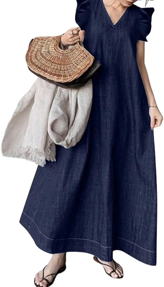 CHARTOU Women Maxi Denim Dress Loose Fit Flutter Sleever Tank Jean Dress | Amazon (US)