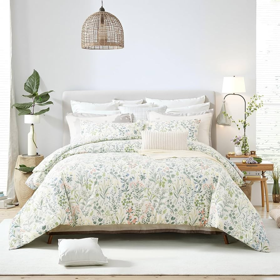 Duvet Cover Queen Size 100% Cotton Comforter Cover Green Floral Breathable Duvet Cover with Zippe... | Amazon (US)