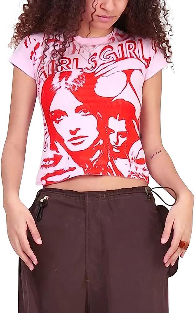 Women Portrait Print Short Sleeve T-Shirt Y2K Crop Tops 90s E-Girls Graphic Aesthetic Summer Casual  | Amazon (US)