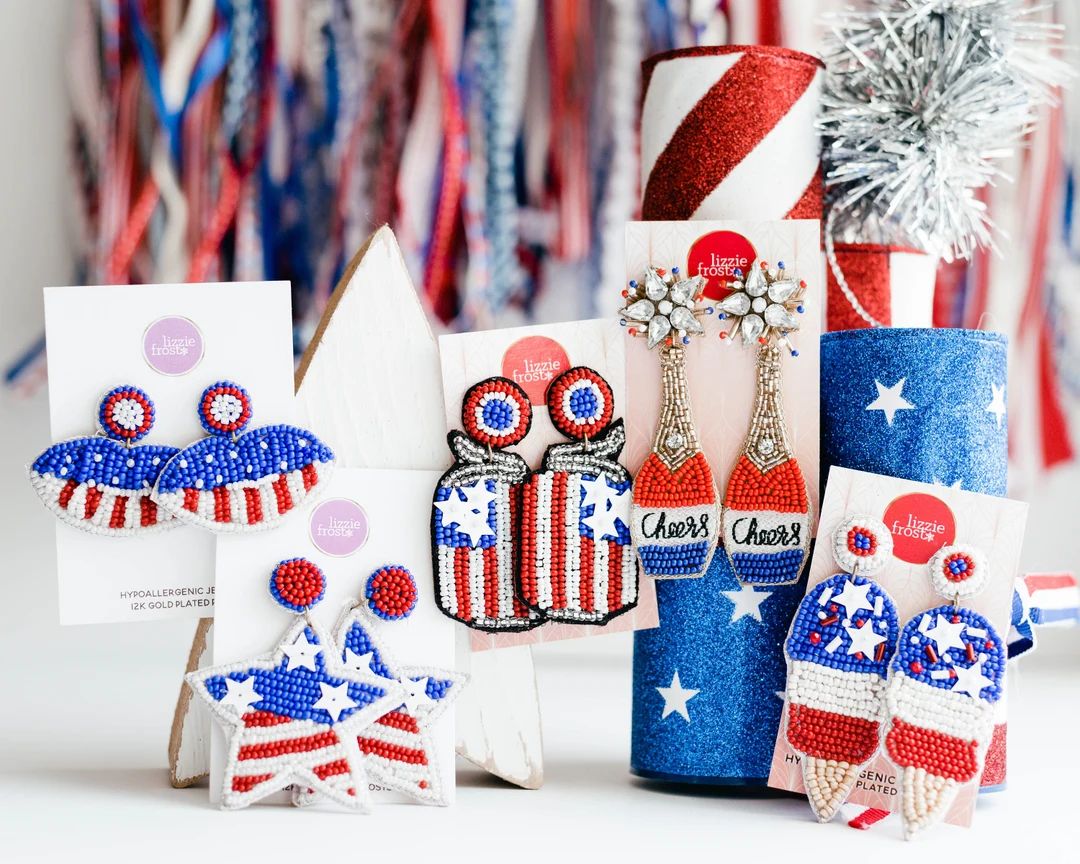 Patriotic Earrings, USA, American Flag, 4th of July, Fashion Earrings, Memorial Day, Beaded, Fash... | Etsy (US)