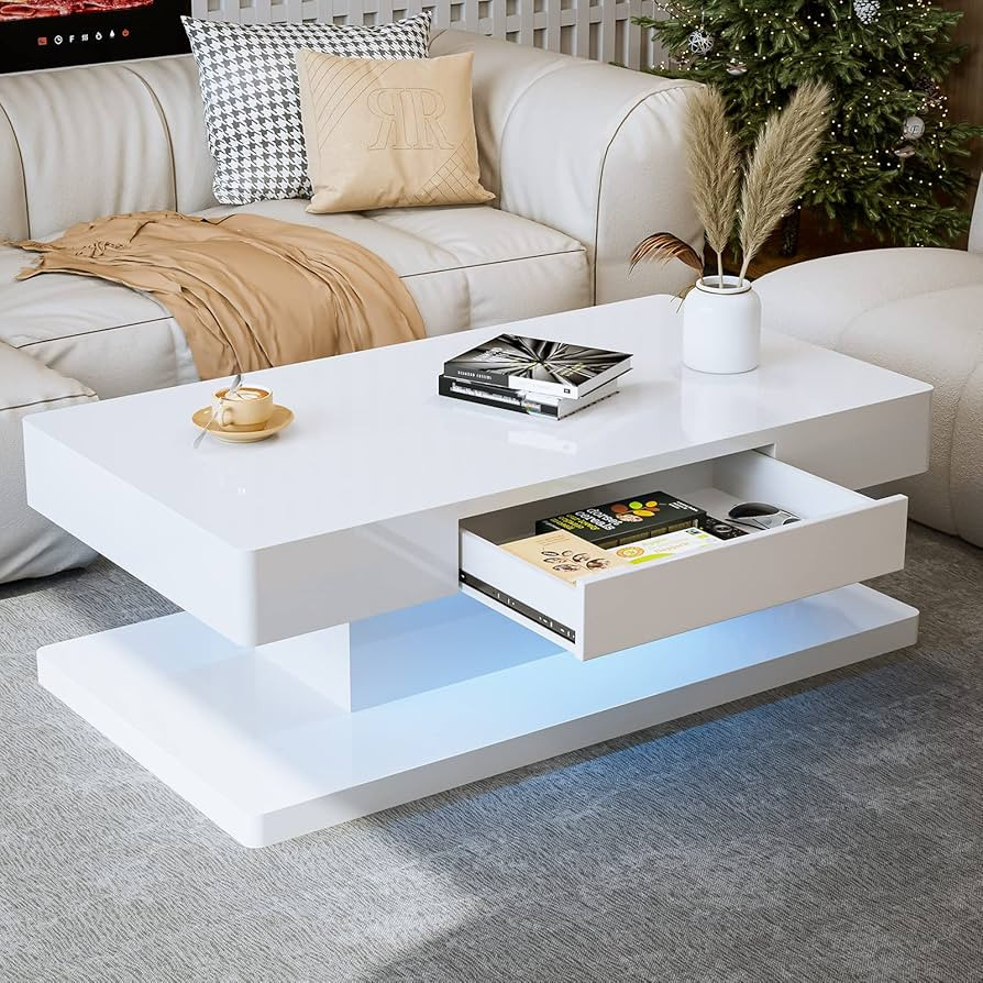 IKIFLY Modern LED Coffee Table with Drawer, White High Glossy Rectangle Coffee End Table with 16 ... | Amazon (US)