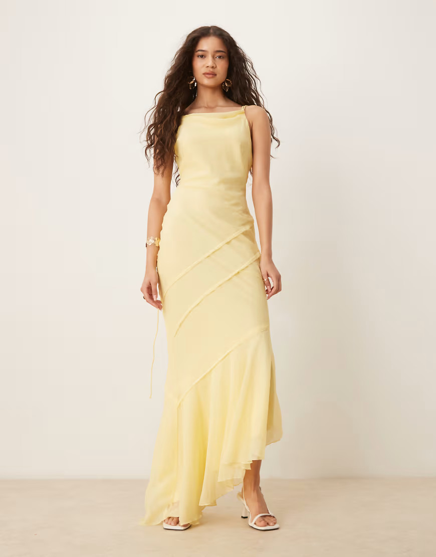 ASOS DESIGN soft cowl neck strappy back maxi dress with seam detail in lemon-Yellow | ASOS (Global)