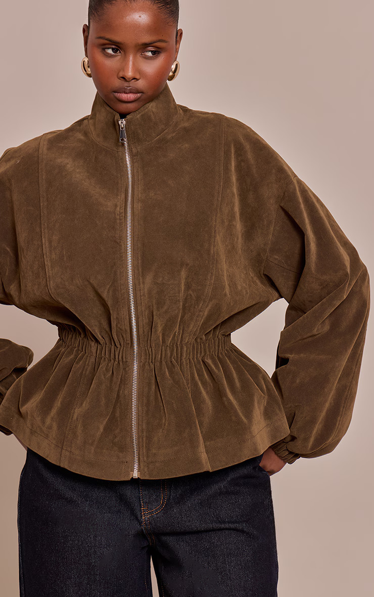 Khaki Cinched Waist Suede Jacket | Outerwear | PrettyLittleThing UK