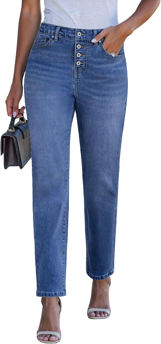 luvamia Straight Leg Jeans for Women High Waisted Trendy Button Fly Trouser Jeans Stretchy Denim ... | Amazon (US)