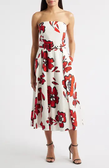 Sam Edelman Strapless Belted Stretch Cotton Dress in Red/White at Nordstrom Rack, Size 12 | Nordstrom Rack