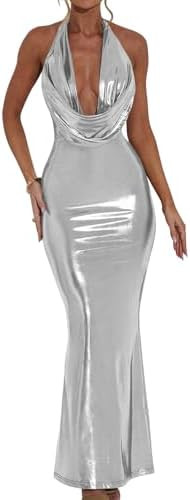 Memoriesea Women's Luxury Metallic Halter Neck Bodycon Party Evening Gown Maxi Dress | Amazon (US)