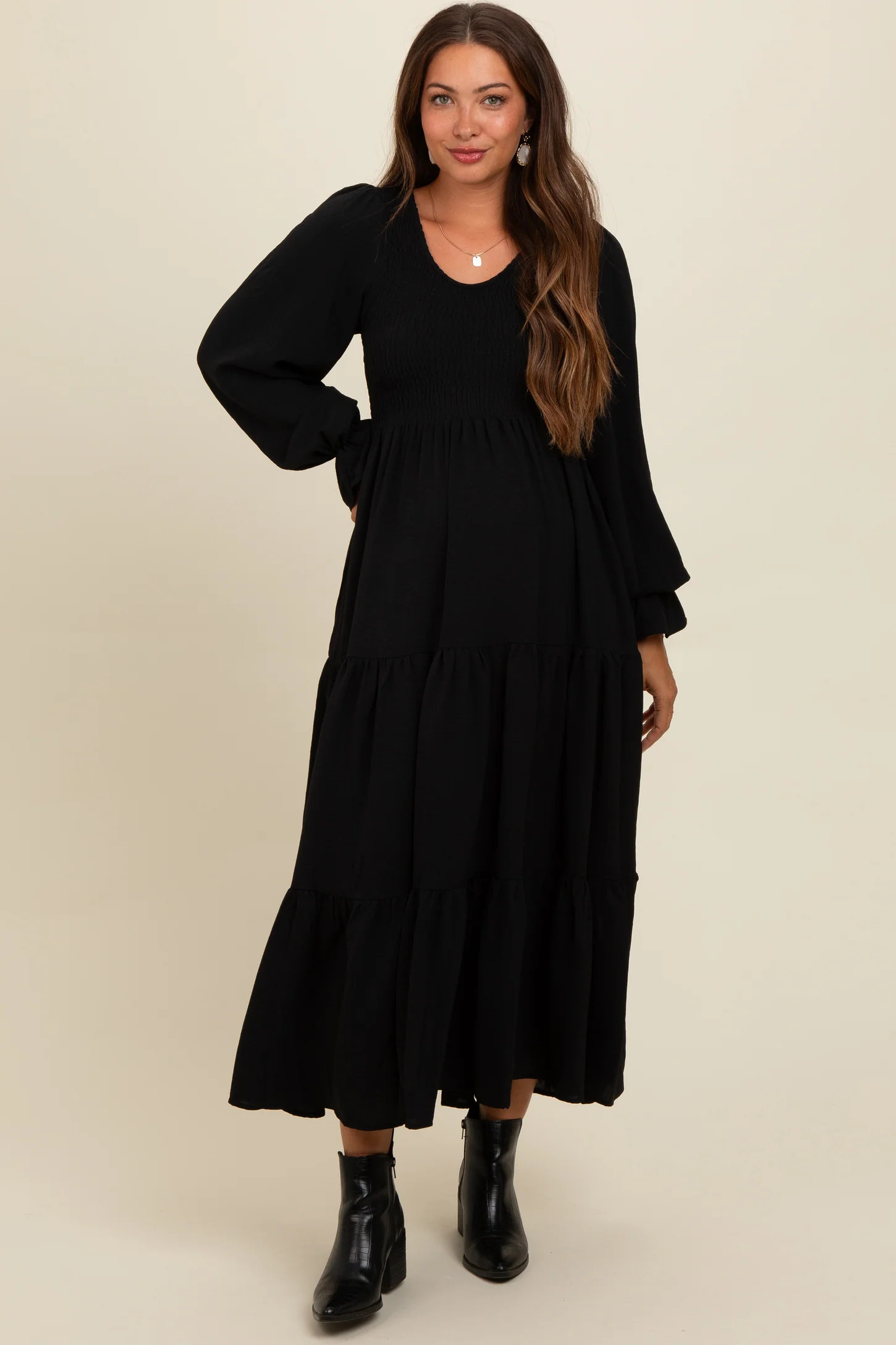 Black Smocked Tiered Long Sleeve Maternity Maxi Dress | PinkBlush Maternity