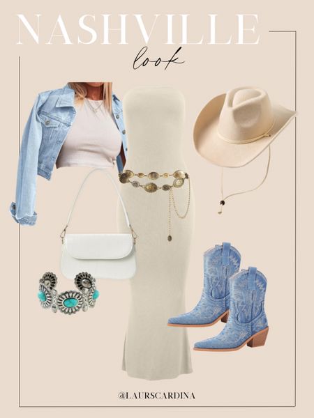 This Nashville look includes a strapless tube dress paired with a chain belt, cropped denim jacket, blue cowboy boots, a tan cowboy hat, turquoise bracelet, and a white shoulder bag. 

Ootd, country concert outfit, Nashville outfit, date night 

#LTKstyletip #LTKfindsunder50 #LTKshoecrush