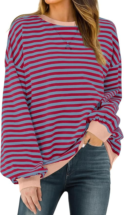 Women Sweatshirt Striped Crew Neck Oversized Long Sleeve Sweatshirt Color Block Loose Pullover | Amazon (US)