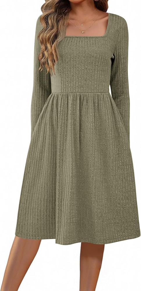 Zeagoo Womens Long Sleeve Fall Dresses with Pockets 2025 Flowy Casual Ribbed Knit Crew Neck Knee ... | Amazon (US)