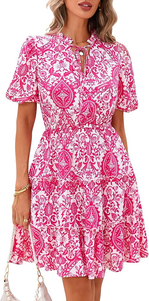 BTFBM Women Summer Floral Short Dresses V Neck Short Sleeve Tiered Ruffle Boho Swing Dress A-Line... | Amazon (US)