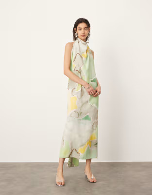 ASOS EDITION halterneck midi dress with drape detail in marble print | ASOS (Global)