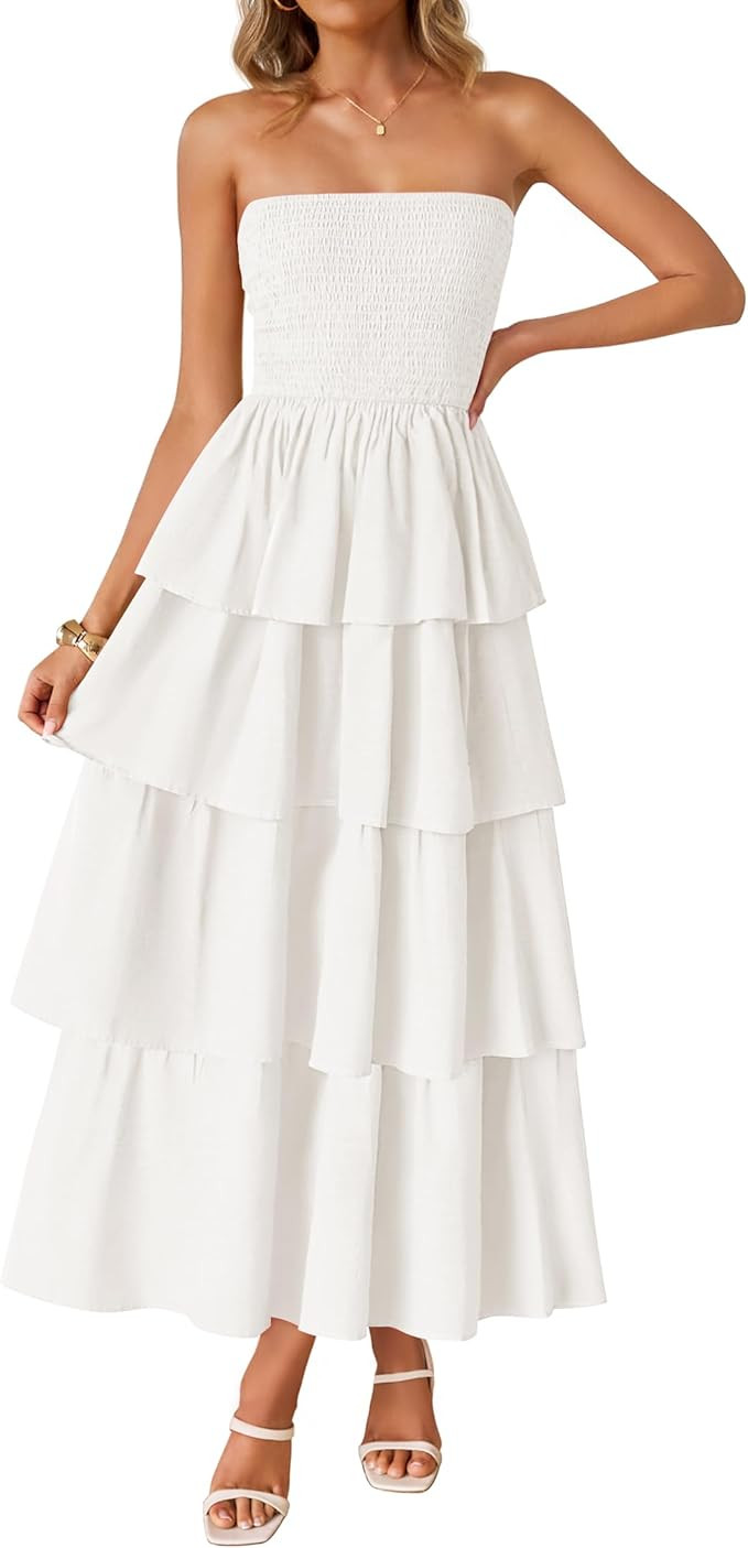 ZESICA Women‘s Summer Boho Strapless Maxi Dress 2026 Casual Sleeveless Off Shoulder Smocked Tie... | Amazon (US)