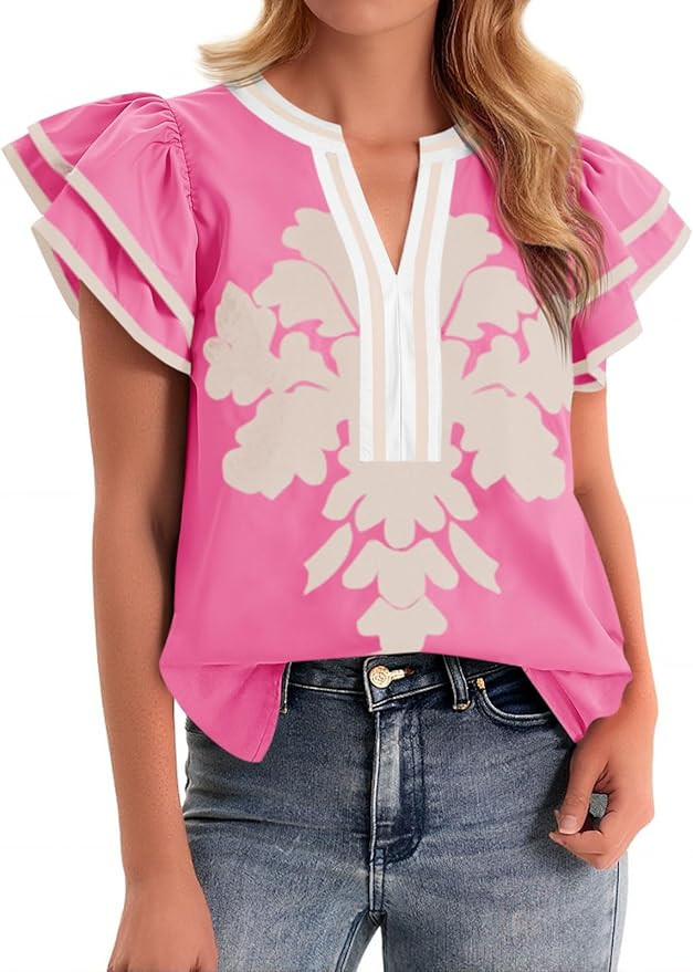 Cicy Bell Womens Ruffle Color Block Blouses Summer Casual V Neck Floral Print Tank Tops Pleated L... | Amazon (CA)
