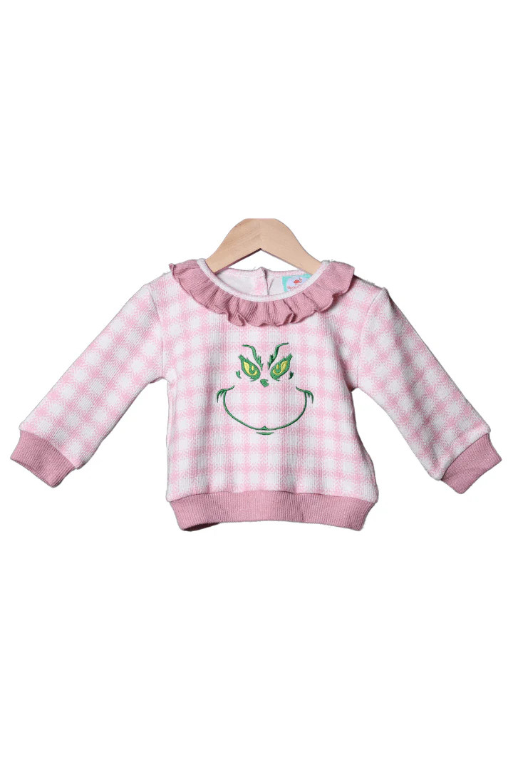 Embroidered Grouch Pink Gingham Cardigan Pullover | The Smocked Flamingo