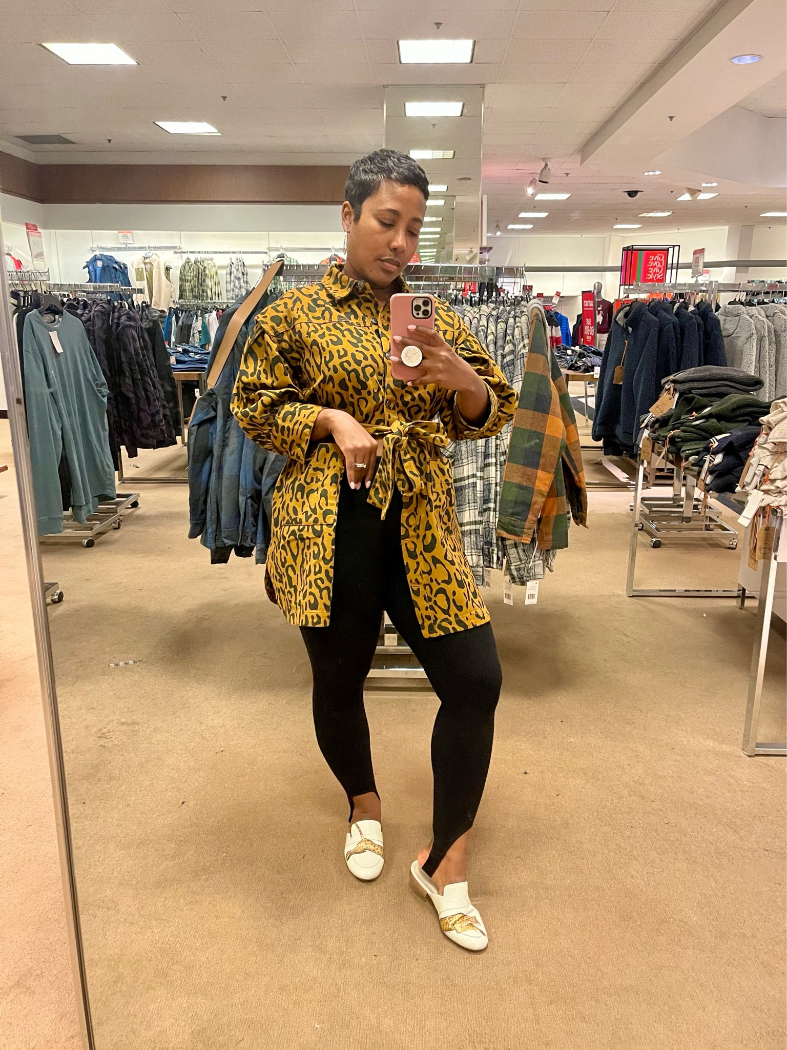 Leopard print denim dress jacket black stirrup leggings white loafer mules #casualoutfit #falloutfit 

#LTKstyletip #LTKSeasonal #LTKsalealert