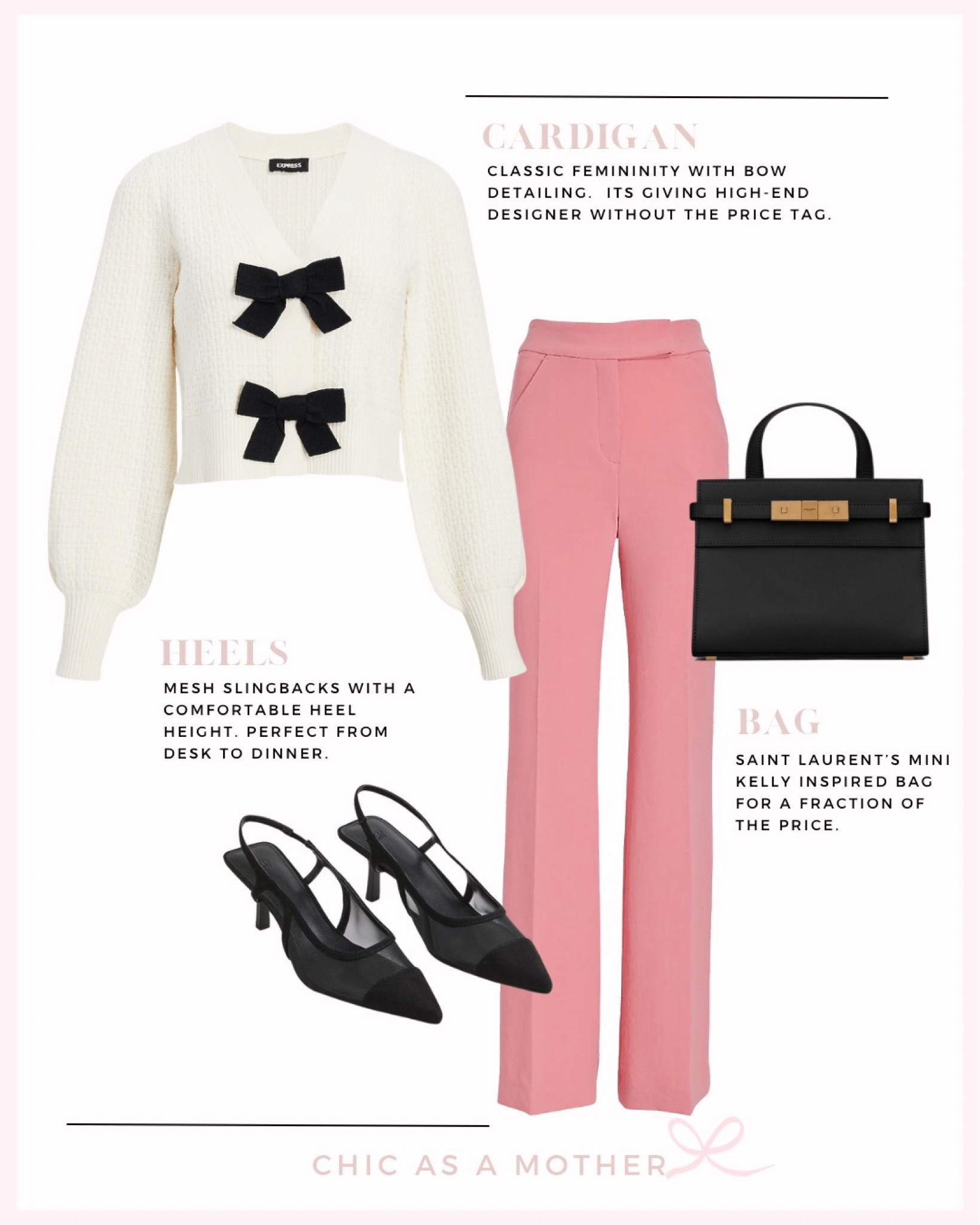 Work outfit idea 



Bow cardigan / express / pink work  pants / comfortable black heels for work / office style 

#LTKworkwear #LTKFind #LTKunder50
