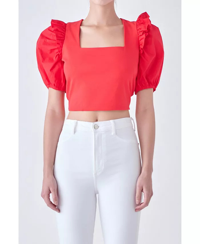 English Factory Women's Mixed Media Puff Sleeve Knit Top - Macy's | Macy's