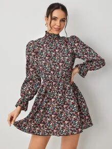 SHEIN Ditsy Floral Shirred Flounce Sleeve Dress Without Belt
   SKU: sw2108135109570840      
   ... | SHEIN