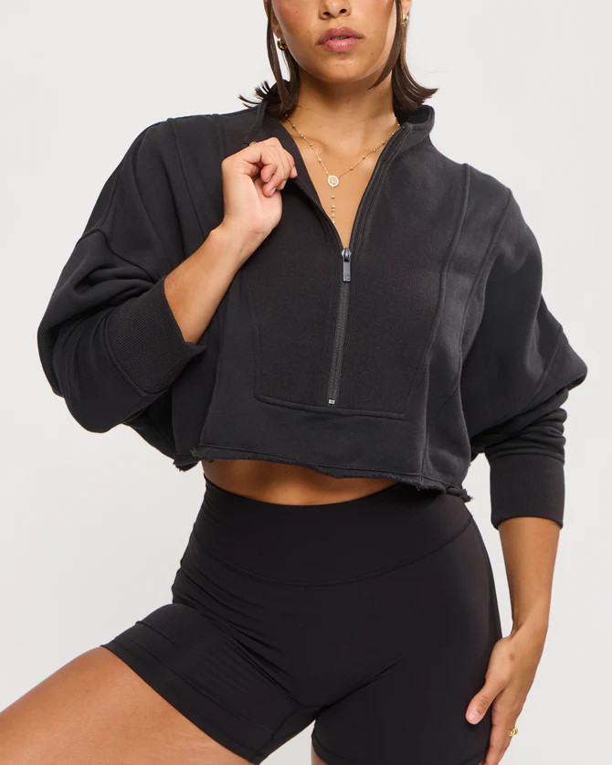 Threads Quarter Zip Crop Jacket- Onyx Black | Buffbunny