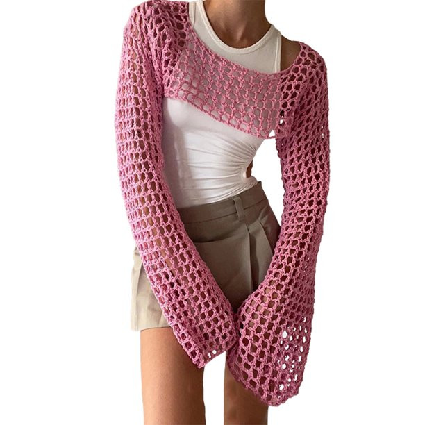 Lentta Women's Mesh Crochet Crop Top Long Sleeve Hollow out Y2k Knit Shrug Beach Cover Ups (Pink-... | Walmart (US)