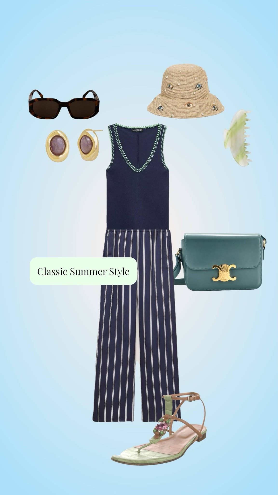 Vacation outfit formula: effortless, polished, and comfortable enough to wear all day. ☀️ I paired a navy knit tank with striped wide-leg pants, colorful sandals, statement earrings, and the cutest embellished bucket hat for a look that works from sightseeing to dinner. Linking every piece (or similar finds) here! 💙✨

#LTKootd #LTKOver40 #LTKTravel