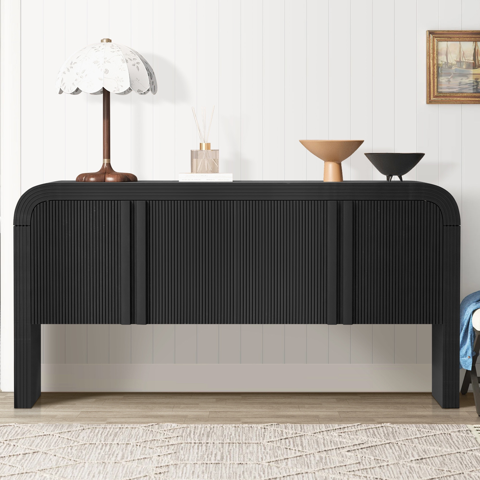 Striped Accent Cabinet, 4-Door Buffet Cabinet with Adjustable Shelves, FURNINEST Wood Storage Cab... | Walmart (US)