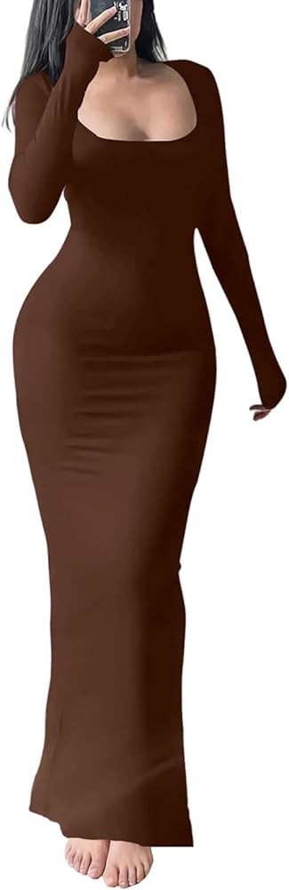 HBQ Women's Bodycon Maxi Dress Long Sleeve Square Neck Lounge Dresses Sexy Night Out Party Dress | Amazon (US)