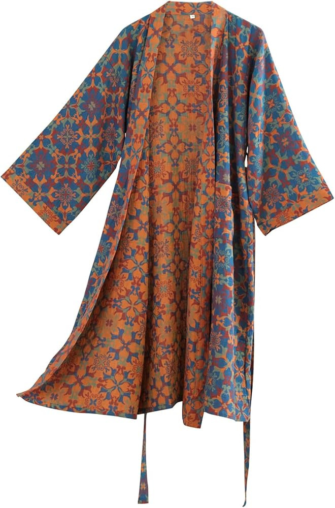 100% Cotton Gauze Ginkgo Leaf Kimono Robe, Long Knit Loose Bathrobe Nightgown Ladies Loungewear S... | Amazon (US)