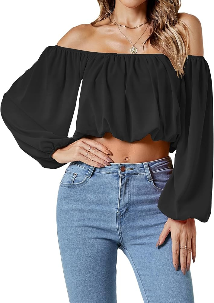Umenlele Women’s Casual Off Shoulder Ruched Lantern Long Sleeve Crop Top Blouse Shirt | Amazon (US)