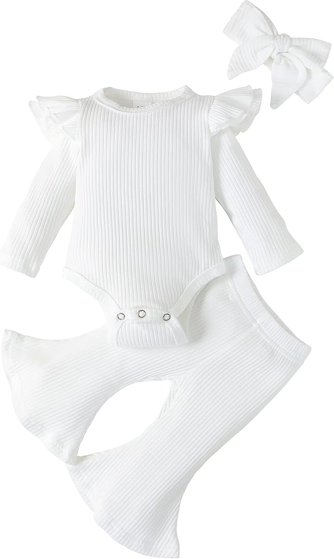 Baby Girl Clothes Ruffle Long Sleeve Romper and Flare Pants Outfit Set Cute Newborn Girl Clothes Out | Amazon (US)