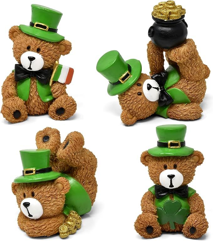 St Patrick's Day Bear Figurines Table Top Decor Set of 4 Mini Teddy Bears Saint Patrick Resin Cen... | Amazon (US)
