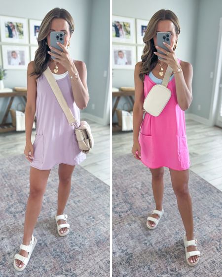 Amazon summer dress with shorts underneath. Wearing XS. Look for less dress. FP inspired dress. Summer outfit. Red tank tops. Summer sandals are TTS. Casual outfit. The white tank top has a built-in shelf bra for extra support. The blue tank top does not. Amazon quilted purse. Amazon belt bag.

#LTKShoeCrush #LTKSeasonal #LTKFindsUnder50