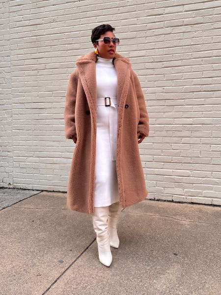 Neutral mob wife aesthetic winter white outfit 

White sweater dress
White boots
Brown teddy coat 

#LTKstyletip #LTKSeasonal