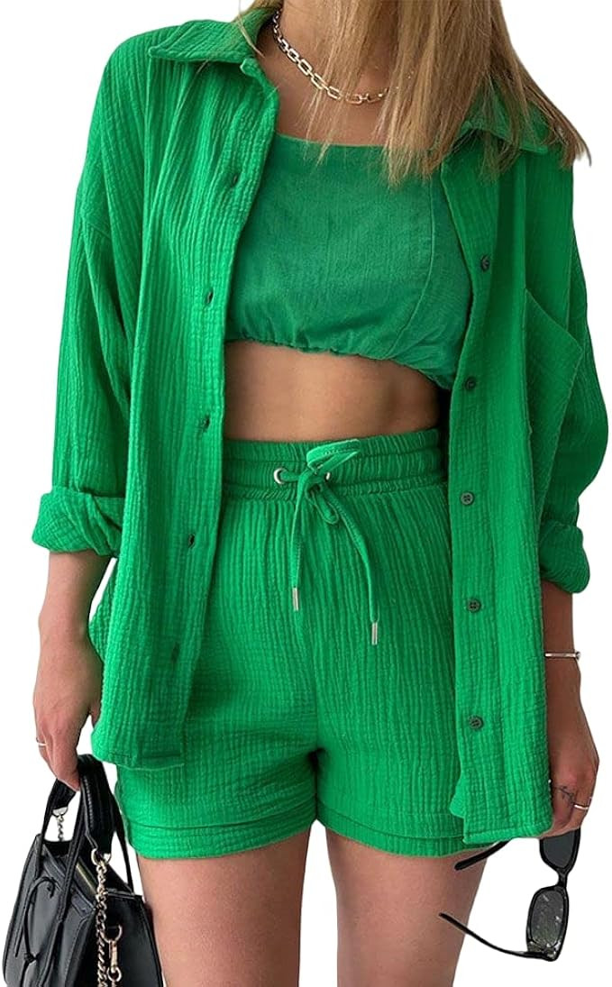 PAODIKUAI Women's Casual 2 Piece Outfits Wrinkled Long Sleeve Button Down Shirt and Shorts Set | Amazon (US)